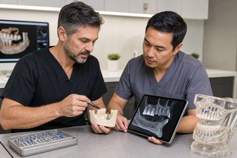 Dental implant clinicians reviewing jaw models and three-dimensional imaging before treatment planning