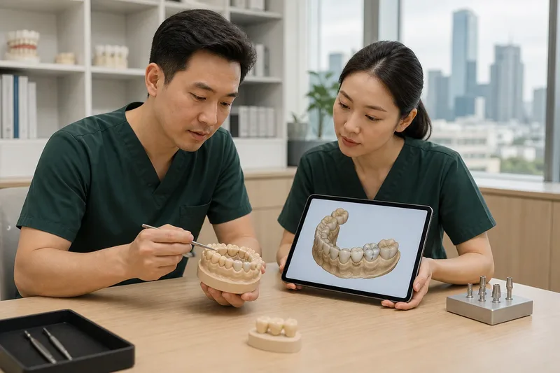 Restorative dental clinicians reviewing a crown and bridge model with a digital dental scan before treatment planning