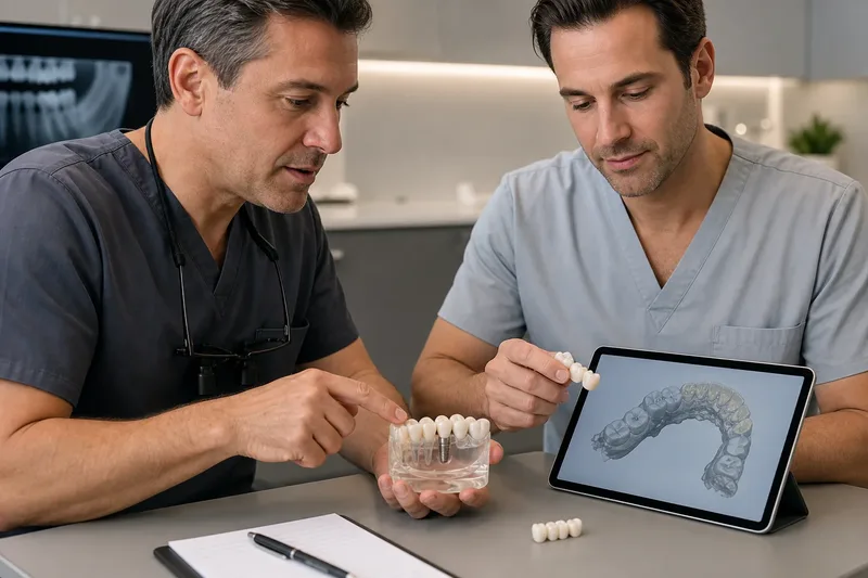 Restorative dental clinicians reviewing an implant crown model and digital scan before treatment planning