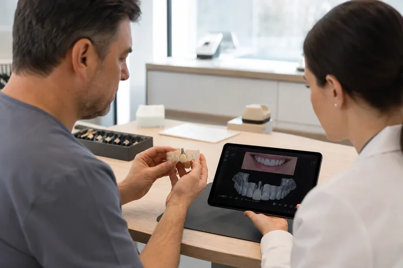 Restorative dental clinicians reviewing a front-tooth implant crown model, smile scan and temporary-tooth plan before treatment planning