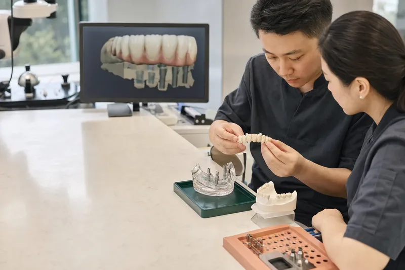 Implant restorative team reviewing a full-arch bridge and planning model before treatment