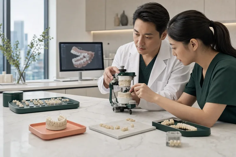 Restorative dentist and dental technician reviewing a full-arch model and ceramic restoration plan