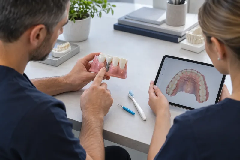 Dental clinicians reviewing gum-health records, a model and a cleanable implant-and-veneer restorative plan before treatment planning