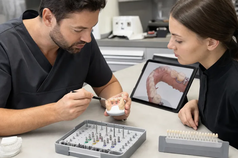 Restorative dental team reviewing an implant-supported bridge model and component documentation