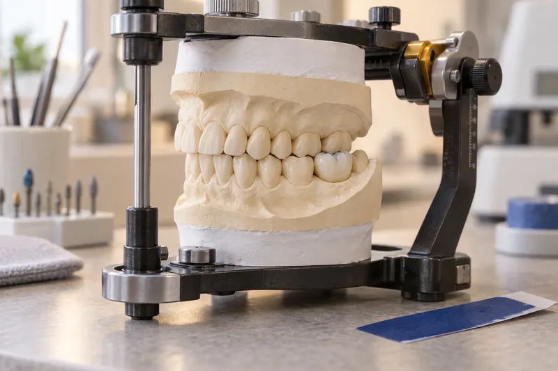 AI-generated service illustration of dental casts in an articulator for crown fit discussion