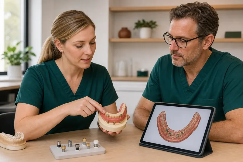 Restorative dental clinicians reviewing a removable implant-supported denture model and lower-jaw digital scan before treatment planning