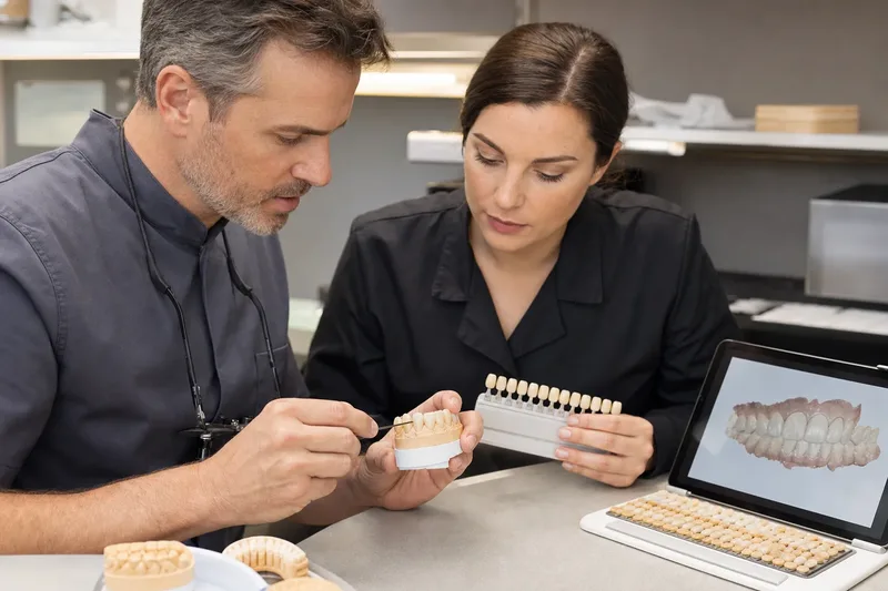 Restorative dentist and ceramic technician reviewing a porcelain veneer model and shade guide