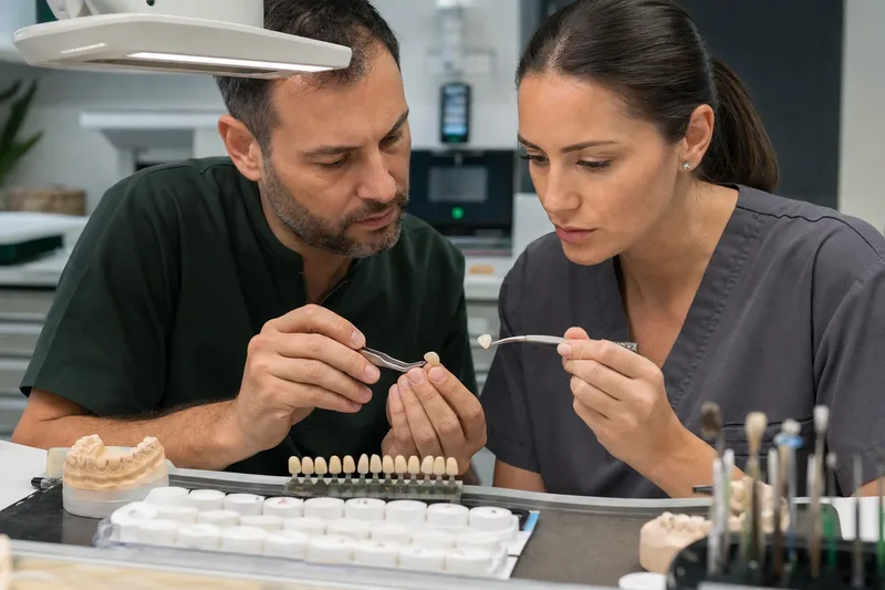 Dentist and ceramic technician reviewing porcelain veneer shade and translucency in a dental laboratory