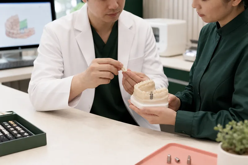 Dentist and dental technician reviewing an implant crown and component model before final restoration