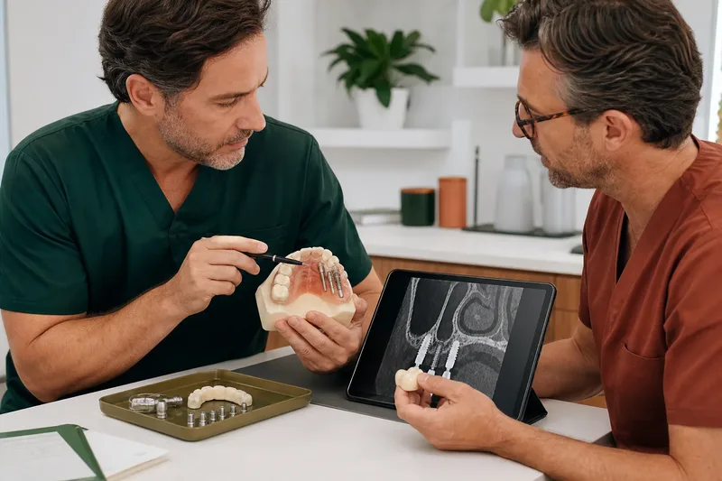 Restorative dental clinicians reviewing an upper-jaw implant model and sinus-area imaging before treatment planning
