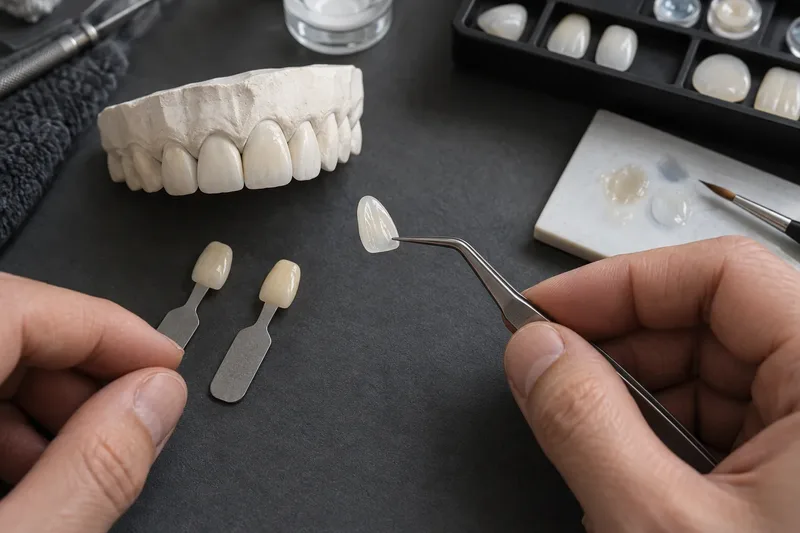 AI-generated illustration of ceramic veneer samples and shade tabs at a dental laboratory