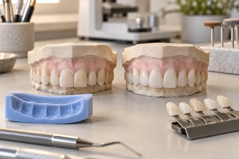 AI-generated service illustration of diagnostic dental models used to discuss porcelain veneer treatment extent
