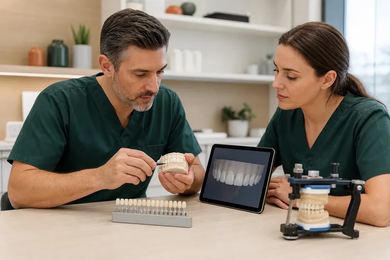 Restorative dental clinicians reviewing porcelain veneer models, shade tabs and a bite model before treatment planning